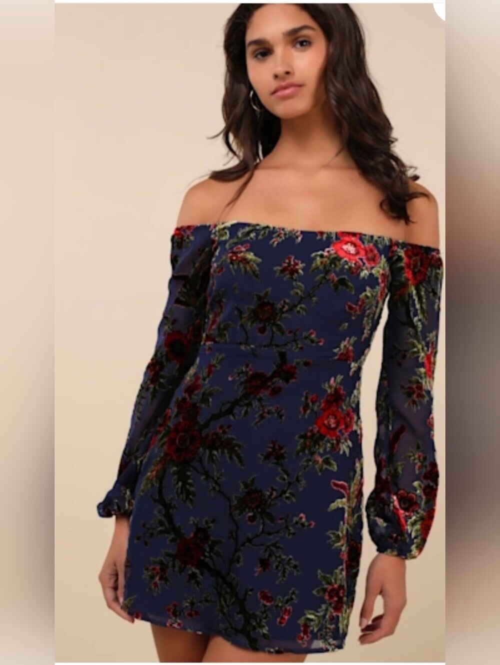 Lulu's Navy Off-the-Shoulder Floral Long-Sleeve Mini Dress Event Wedding Guest